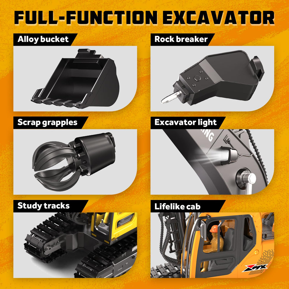 CozyBomB RC Excavator 3in1 auger highlights drilling play on soft terrain.