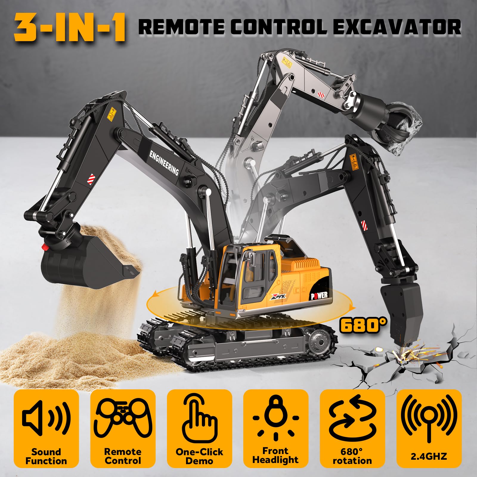 CozyBomB RC Excavator 3in1 claw engages kids in interactive object manipulation.