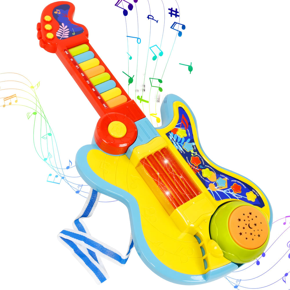 Cozybuy 4-in-1 toddler guitar overview with interactive play and bright lights.