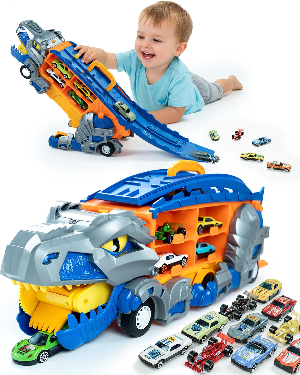 Cozycharm 13-in-1 dinosaur truck display for imaginative transport play and track setup.