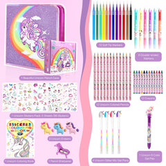 CozyJoyz 59-piece art kit unicorn theme spread, comprehensive supplies for creative play.
