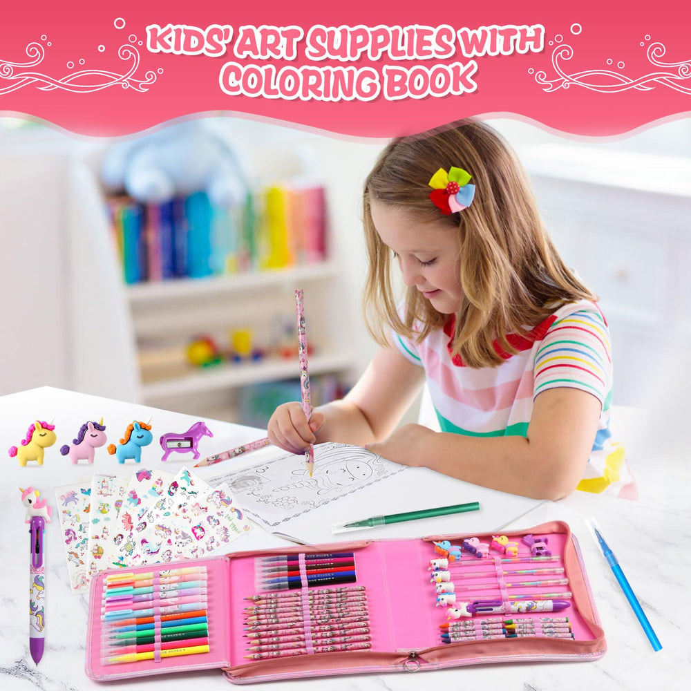 CozyJoyz Unicorn-themed supplies in a pink carry bag encourage creative play.
