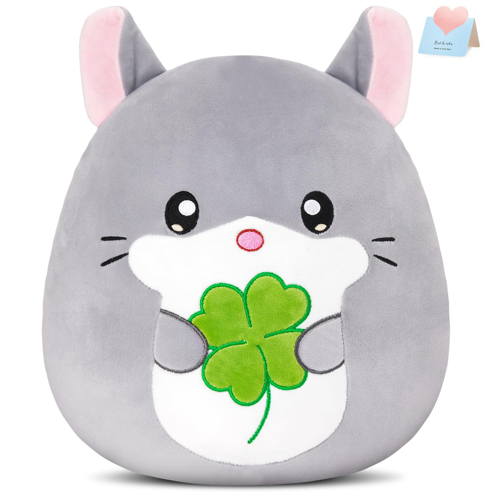 CozyWorld chinchilla pillow with four-leaf clover in hand for lucky decor and comfort.