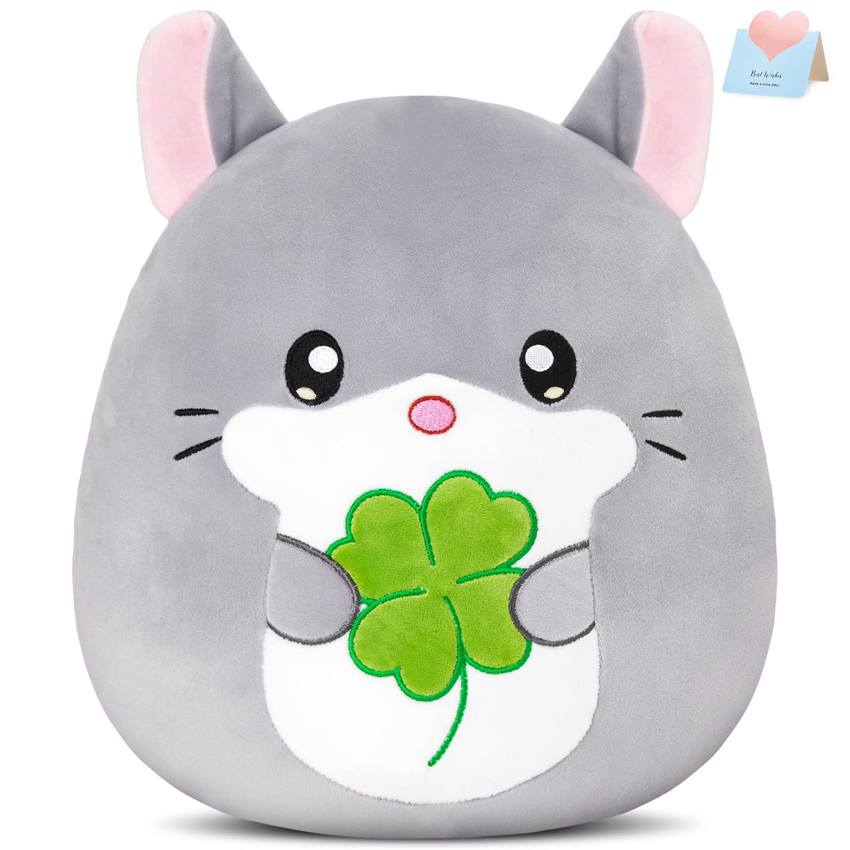 CozyWorld chinchilla pillow with four-leaf clover in hand for lucky decor and comfort.