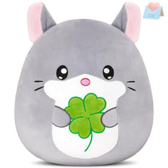 CozyWorld chinchilla pillow with four-leaf clover in hand for lucky decor and comfort.
