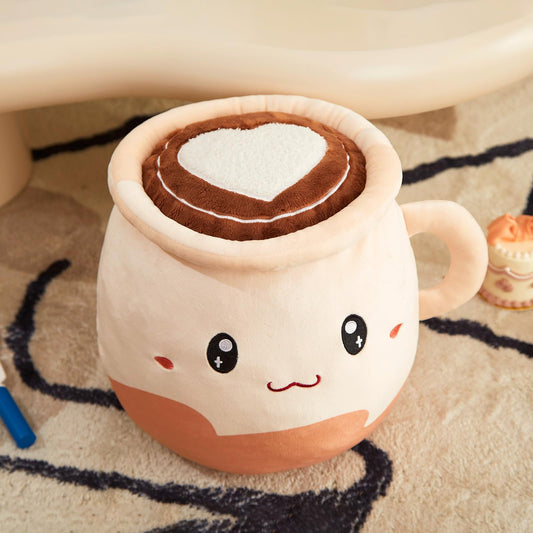 CozyWorld 12-inch coffee mug plush pillow with latte art for cozy desk decor