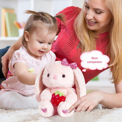 CozyWorld strawberry bunny soft fur close-up, inviting touch and cozy playtime.