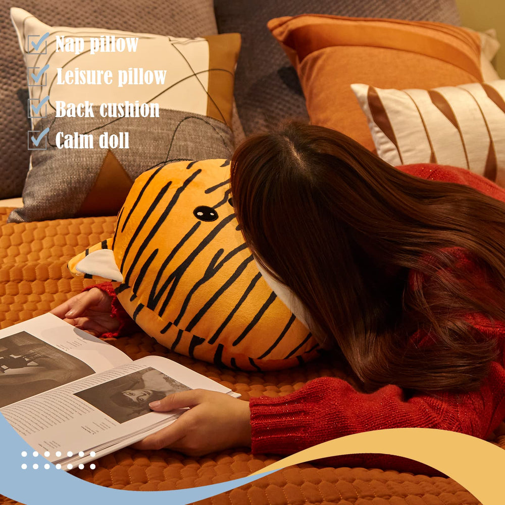 CozyWorld tiger plush in-hand: soft, marshmallow-like texture.