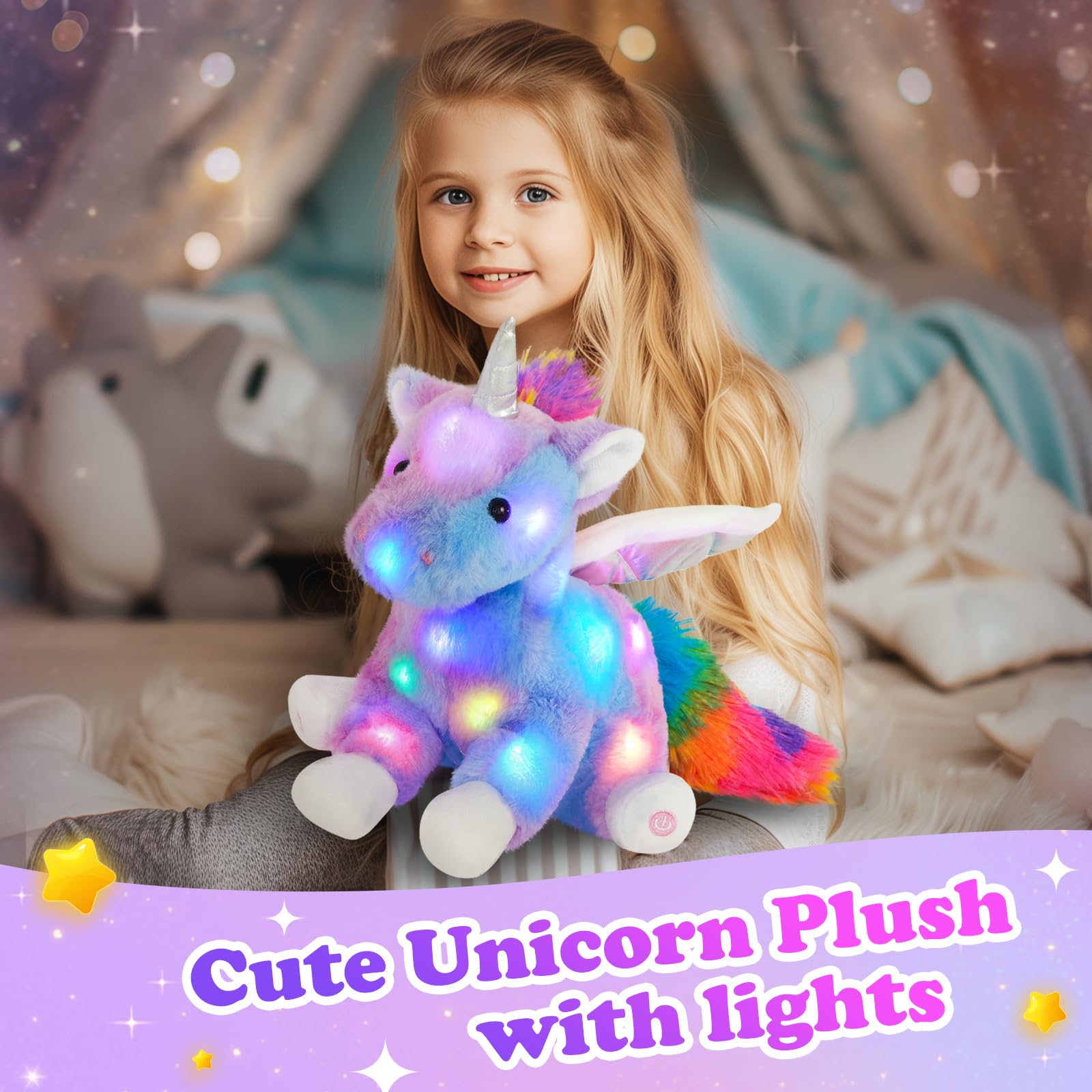 CozyWorld unicorn happy sitting position presents friendly, approachable form.