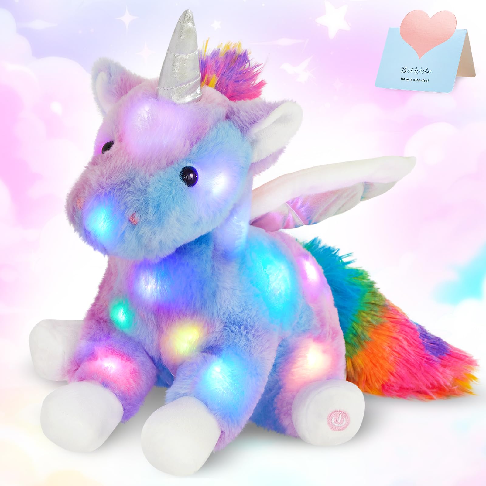CozyWorld unicorn light-up front view with a gentle bedtime glow.
