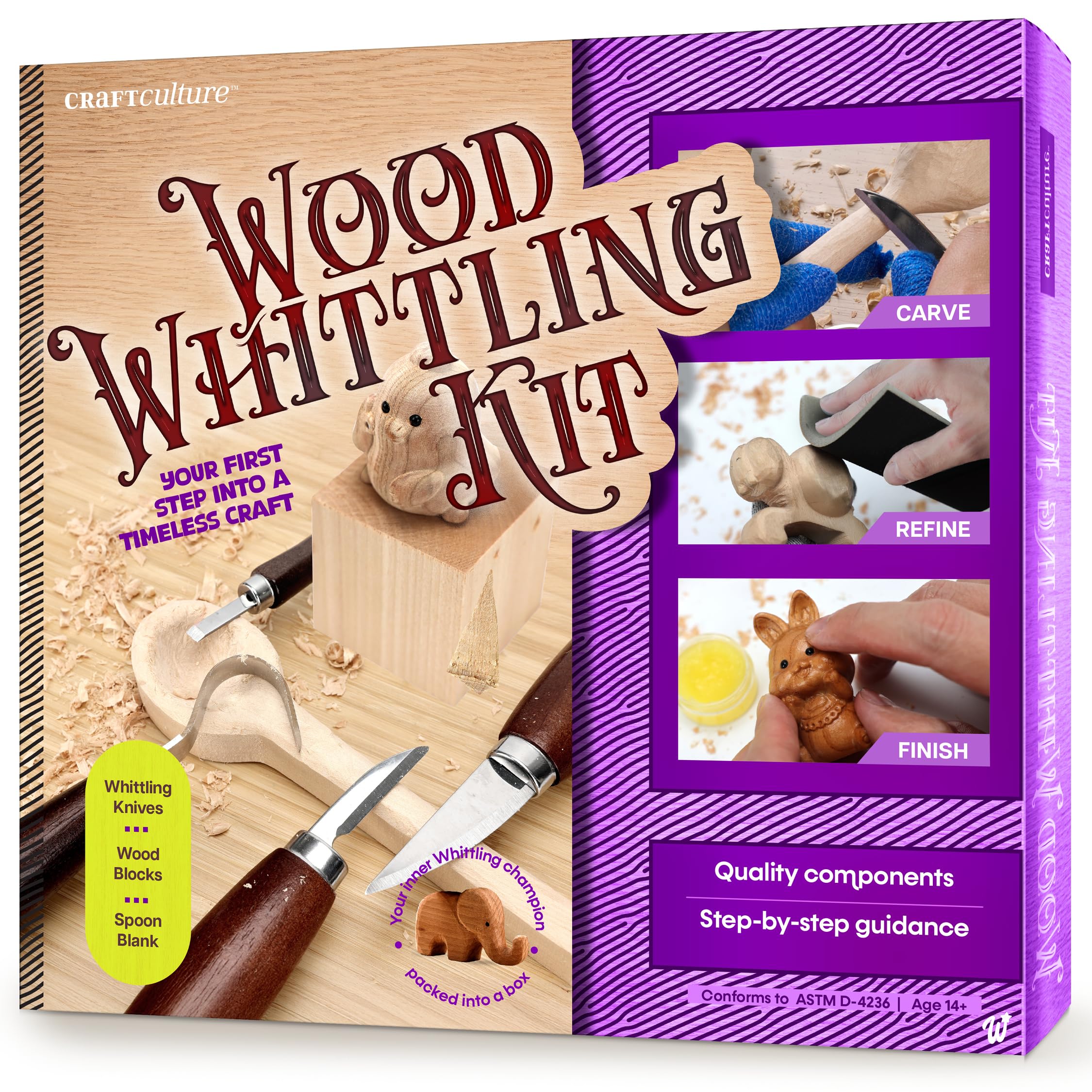 Craft Culture Wood Whittling Kit contents shown for beginners.