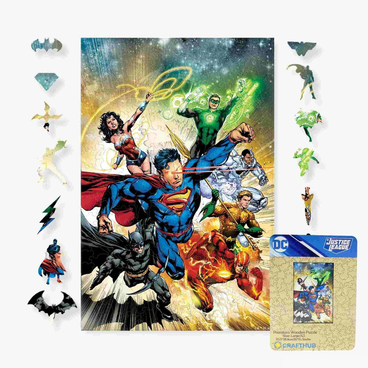 Crafthub DC wooden puzzle featuring Justice League heroes for vibrant display and mindful recreation