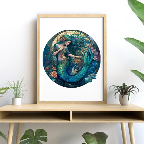 Crafthub mermaid puzzle wooden pieces spread on desk for easy interlocking.