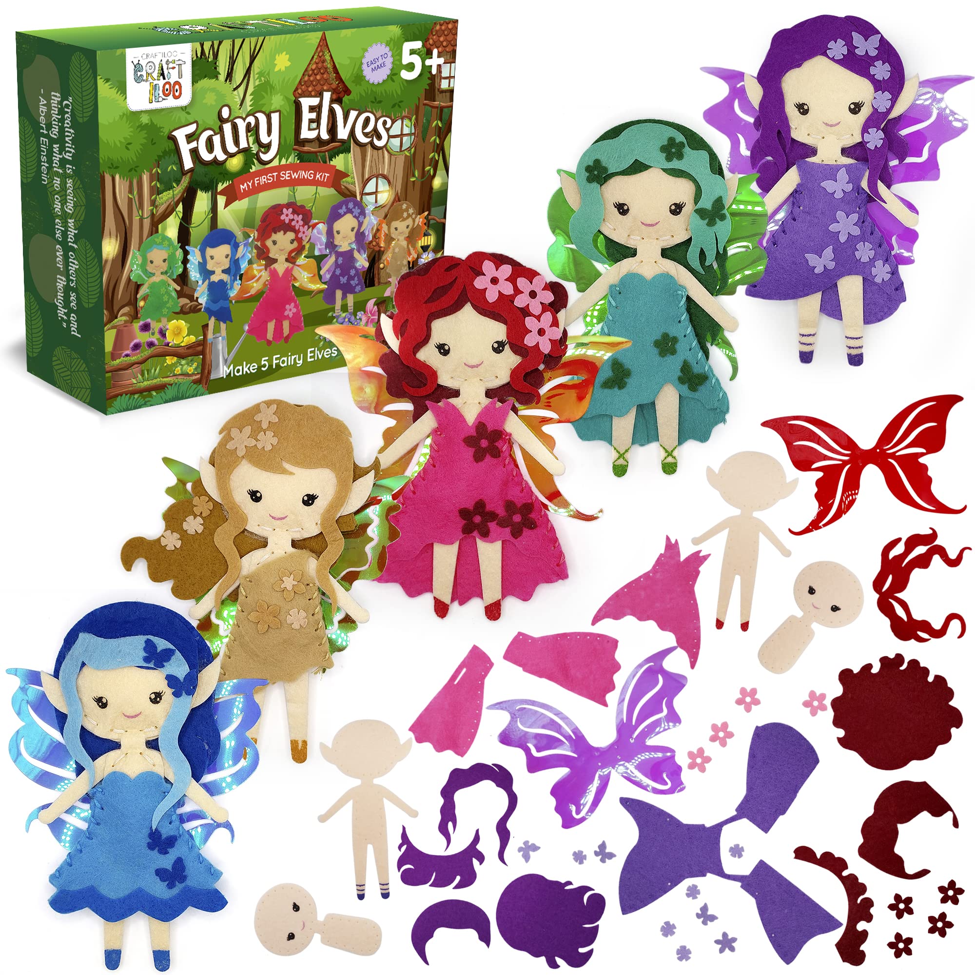Craftiloo Fairy Elves Sewing Kit packaging shows contents for kids' creativity