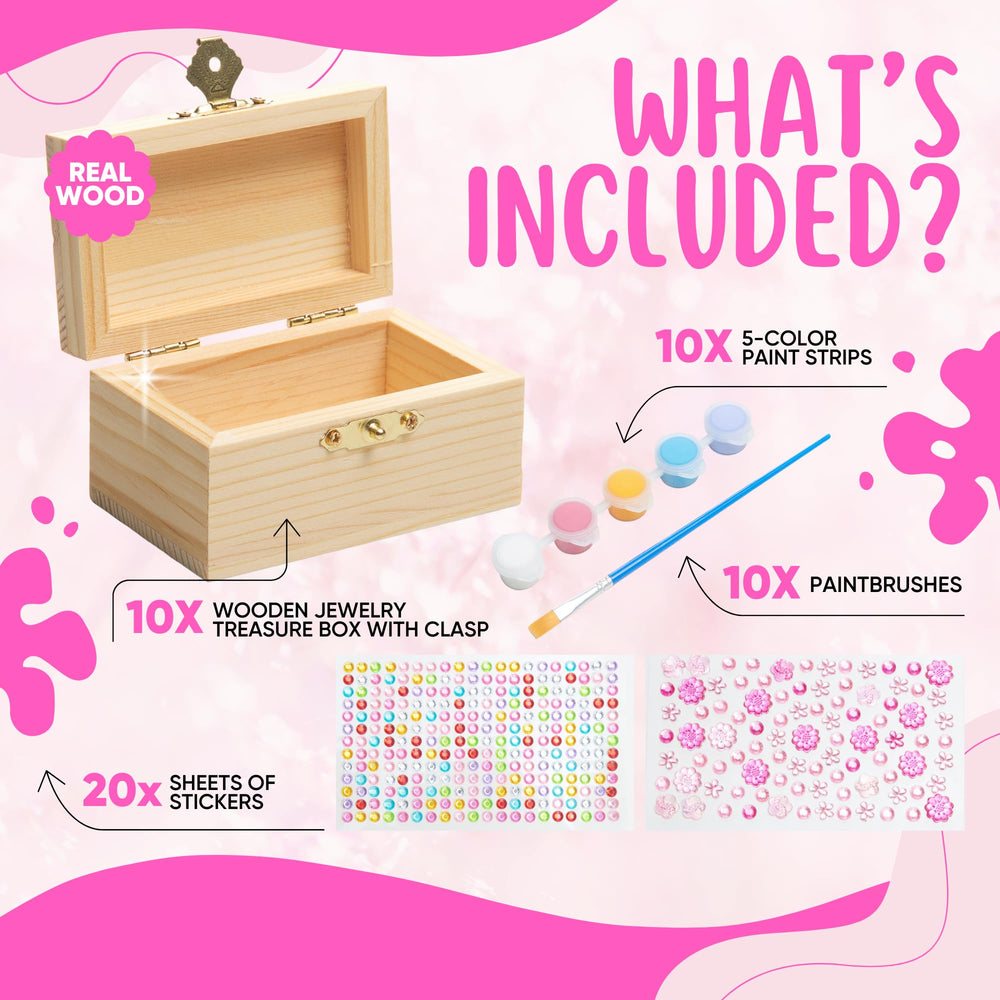 Unfinished wooden treasure box with paint and brush inspires hands-on art.