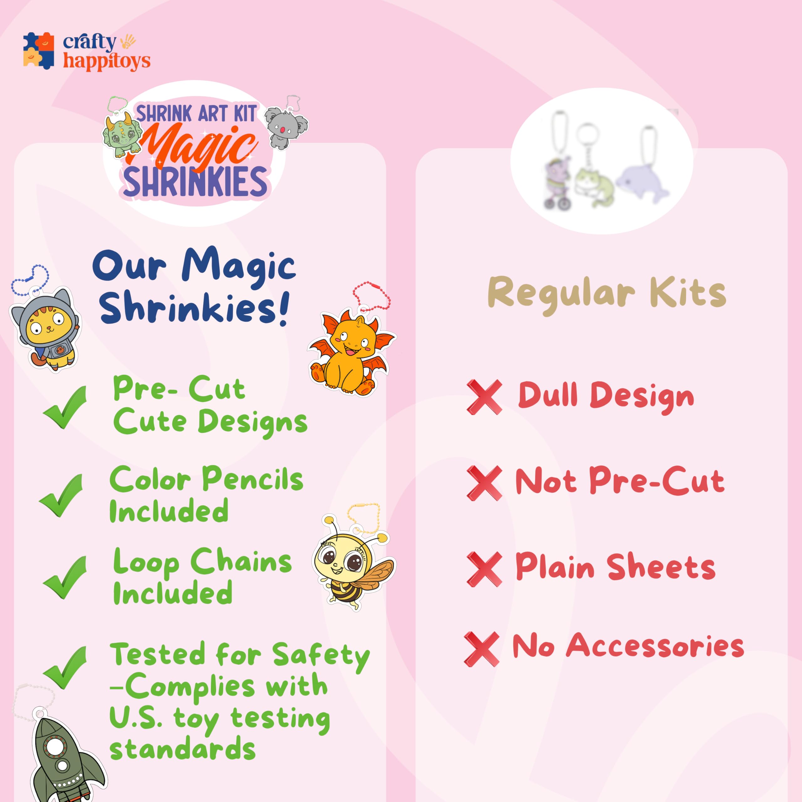 CRAFTY HAPPITOYS Bright shrink colors lock in pigment for long-lasting charms.