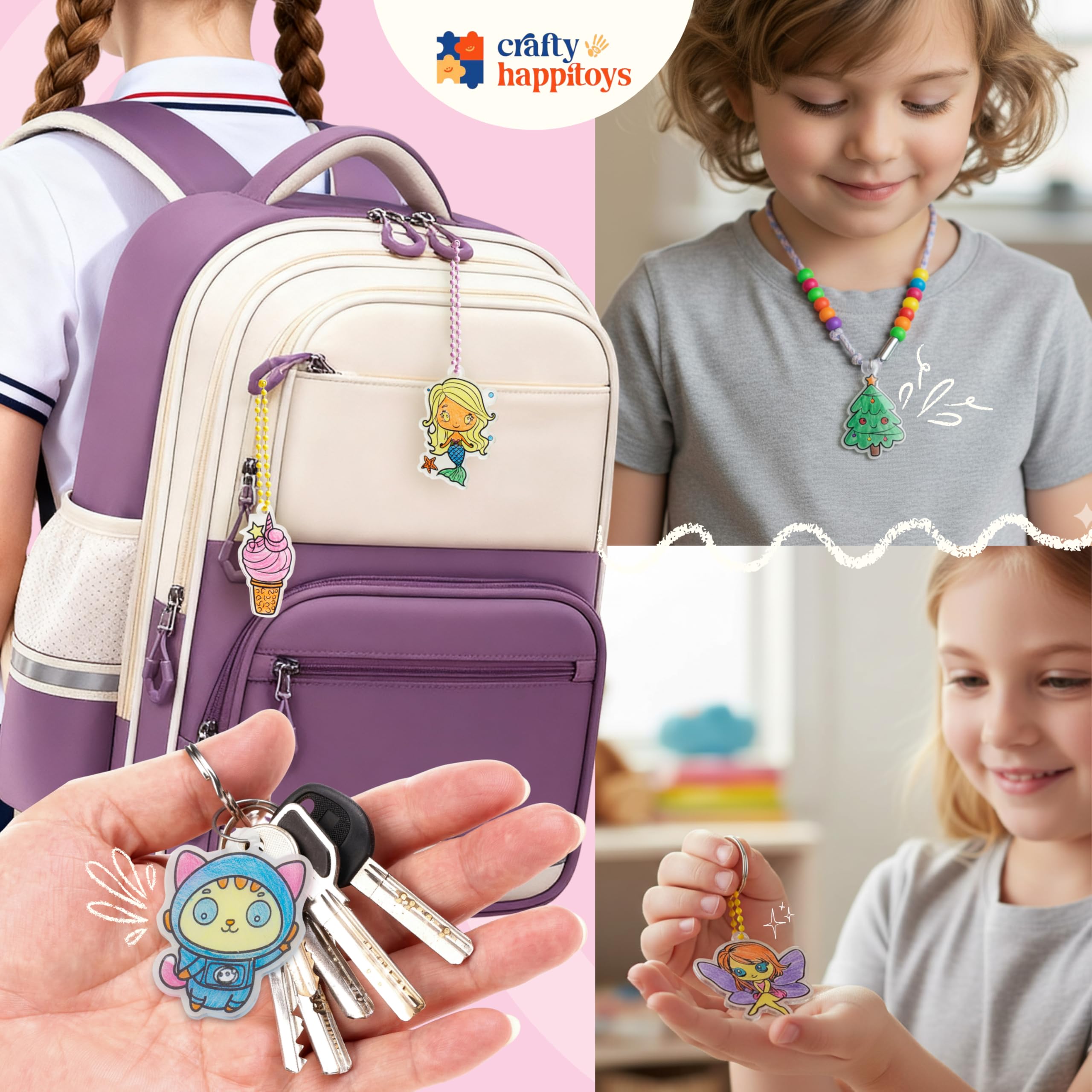 CRAFTY HAPPITOYS Finished charms ready for bags and backpacks.