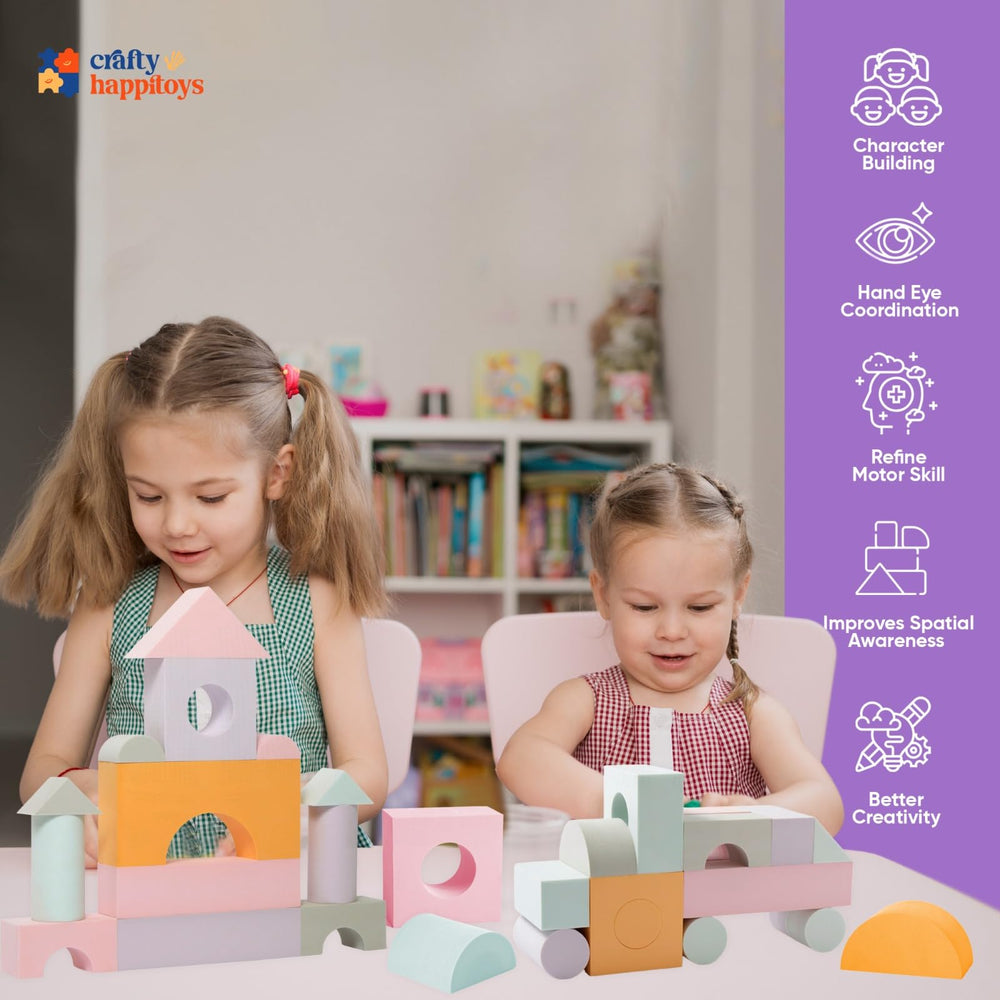 Crafty Happitoys soft, grip-friendly blocks designed for safe preschool building.