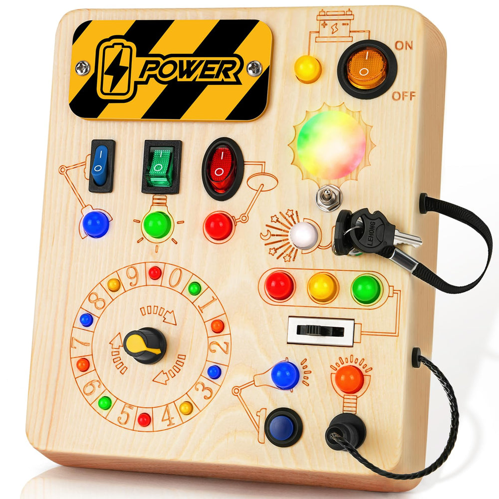 Cravenook Montessori Busy Board front LED view promotes early learning through illumination