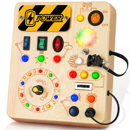 Cravenook Montessori Busy Board front LED view promotes early learning through illumination