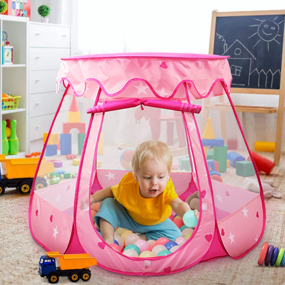 Crayline Pink Princess tent ball-pit ready space for indoor fun.