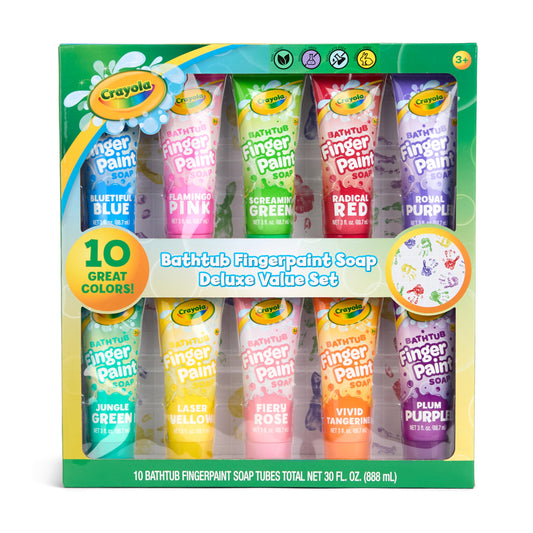 Crayola bath fingerpaint deluxe 10-color tubes on display for bath-time art.