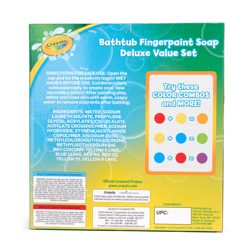 Crayola fingerpaint color swatches show vibrant hues ideal for bath-time creativity.