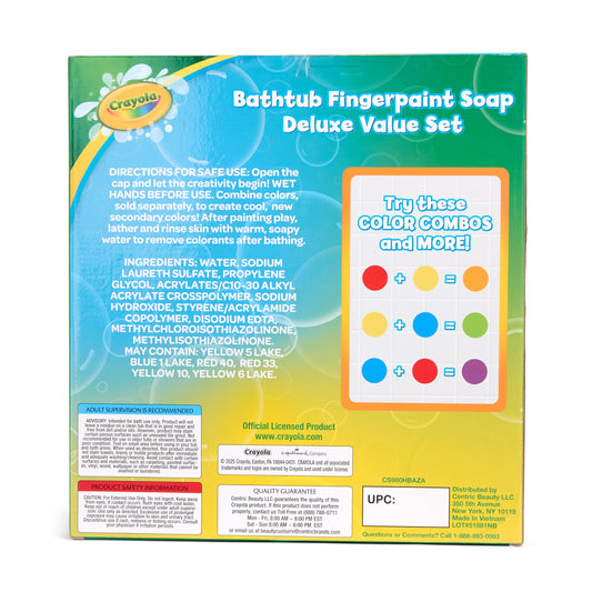 Crayola fingerpaint color swatches show vibrant hues ideal for bath-time creativity.