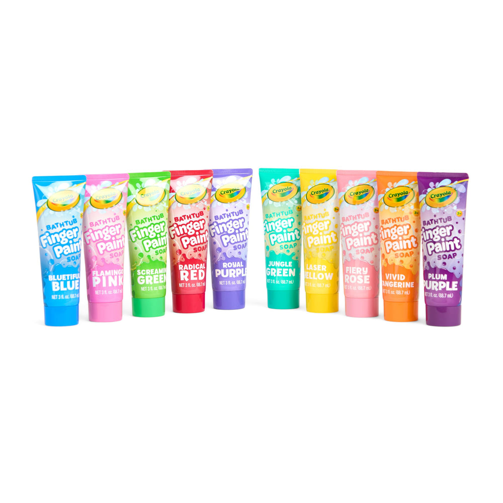 Crayola fingerpaint set in tub demonstrates washable, mess-free play for kids.