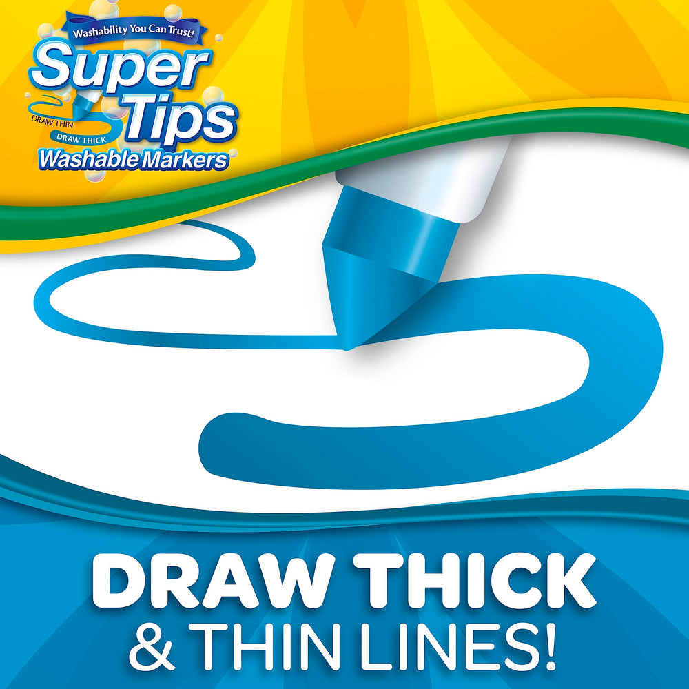 Crayola markers with conical and fine tips deliver thick and thin lines.