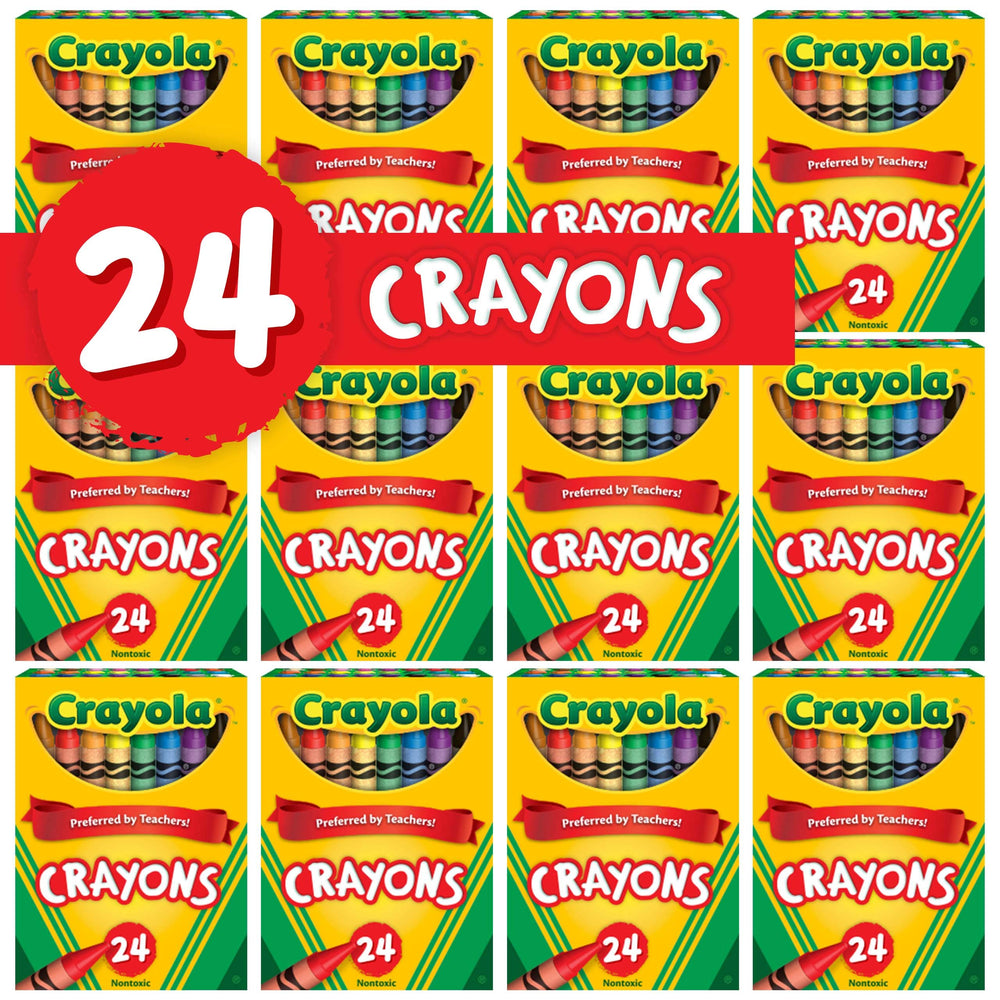 Twelve packs of Crayola crayons neatly displayed for quick distribution
