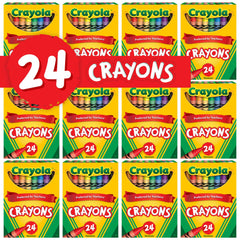 Twelve packs of Crayola crayons neatly displayed for quick distribution