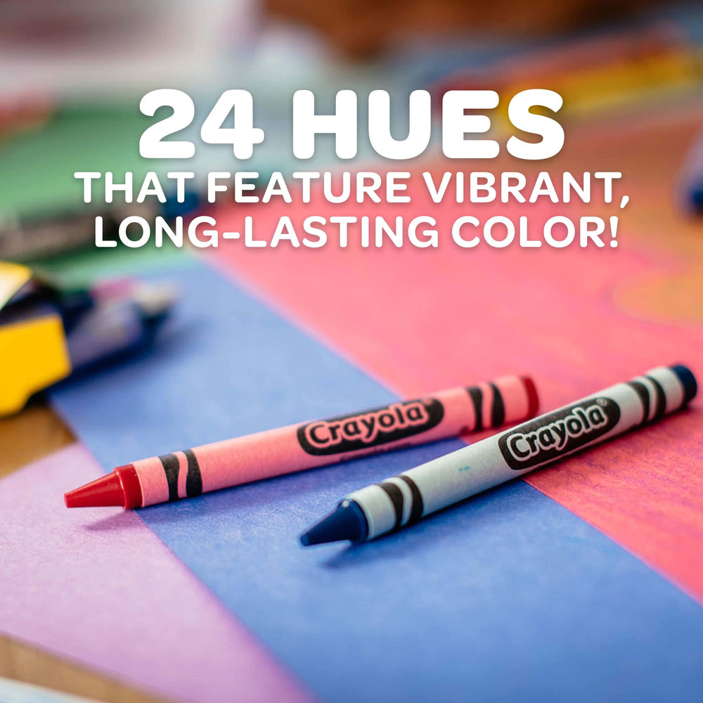 Crayola crayons in a classroom setup for learning activities