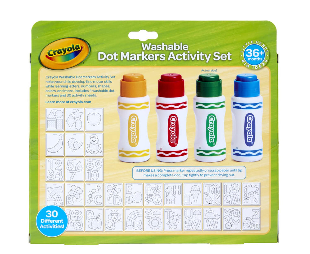 Crayola dot markers on educational pages enhancing early learning and color recognition.
