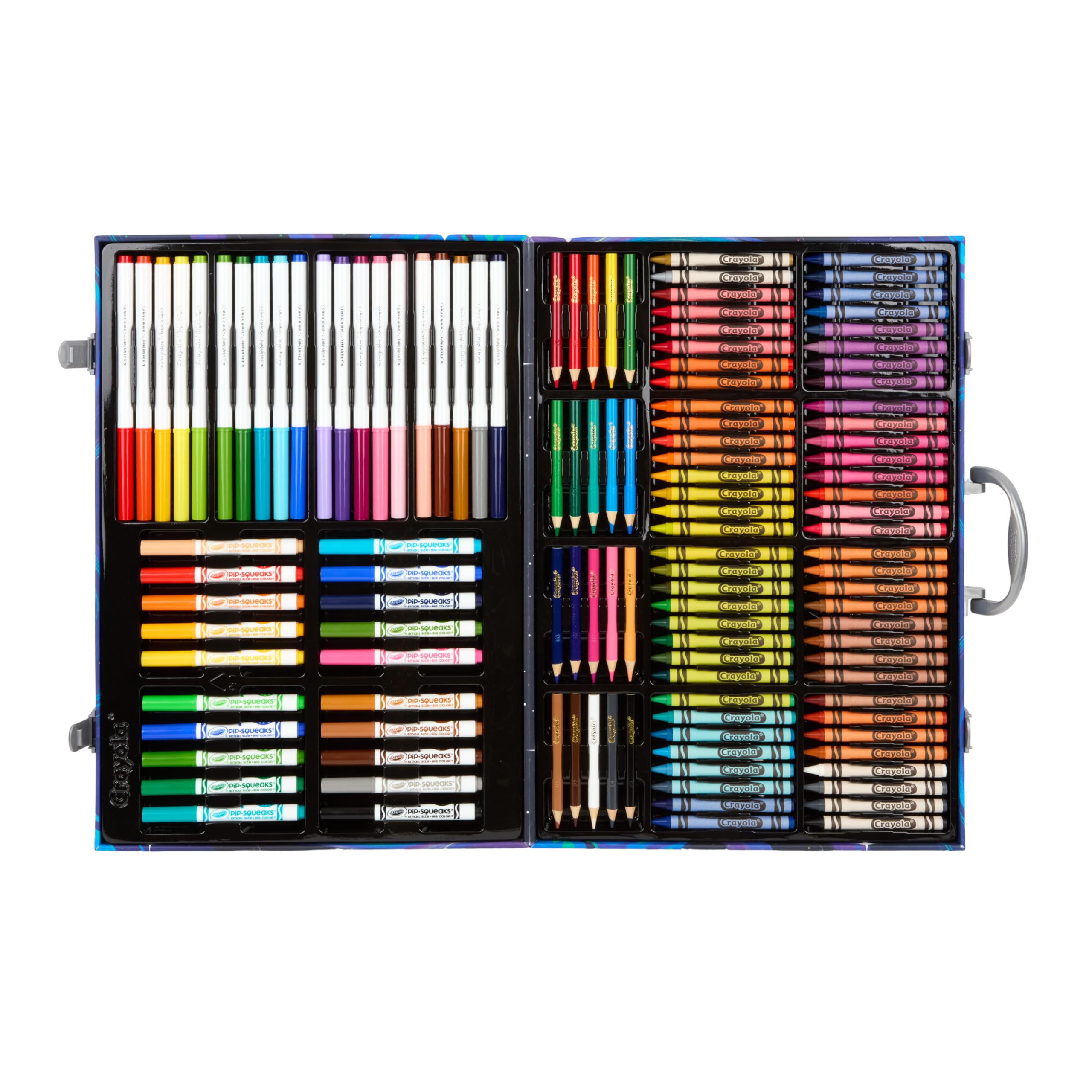 Open case with trays keeps supplies organized during play and travel