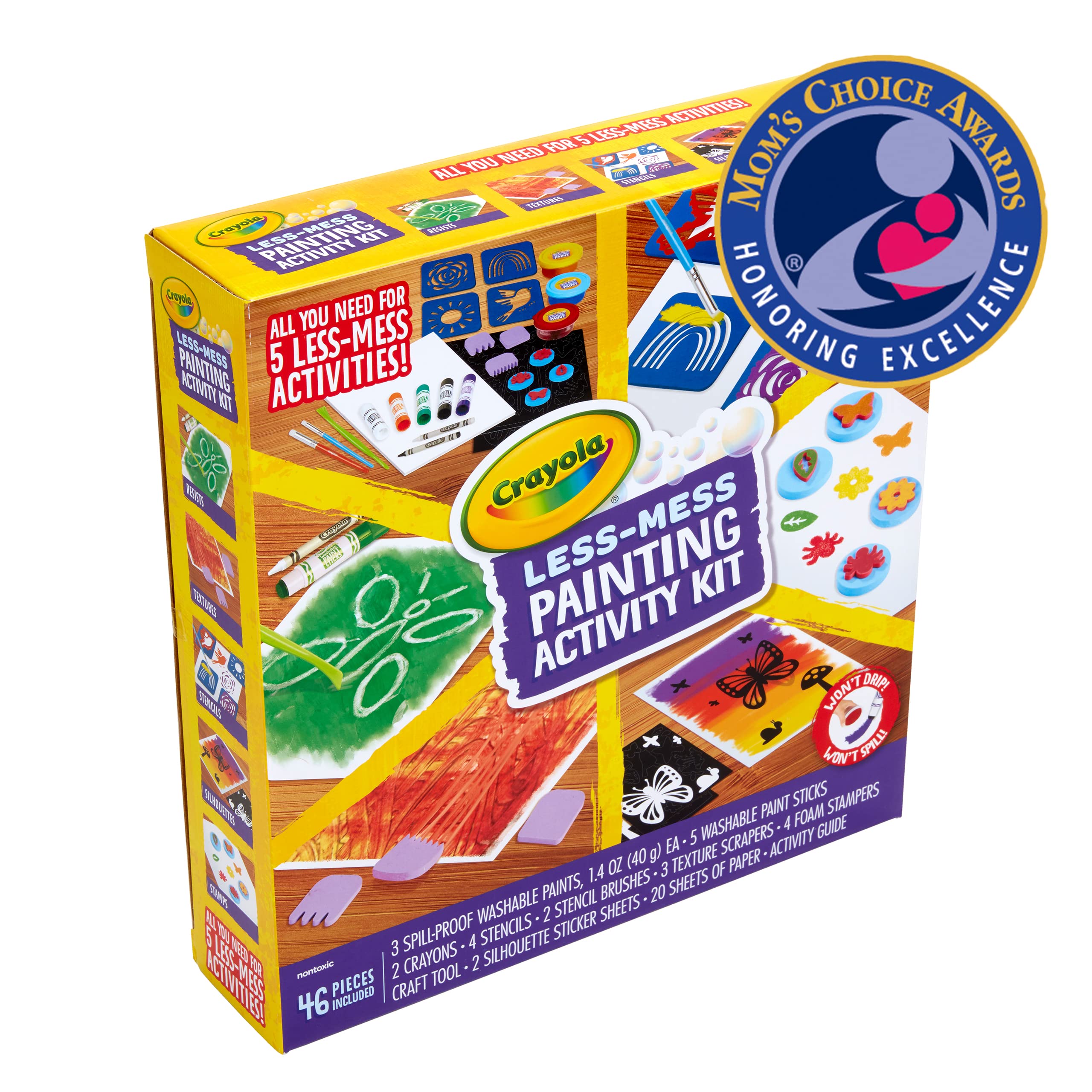 Crayola Less Mess Painting Activity Kit foam stampers creating playful patterns