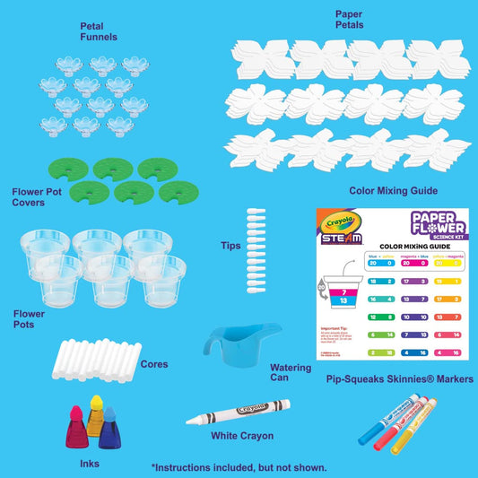 Crayola Paper Flower Science Kit color-changing flowers show water-based color shifts in action.