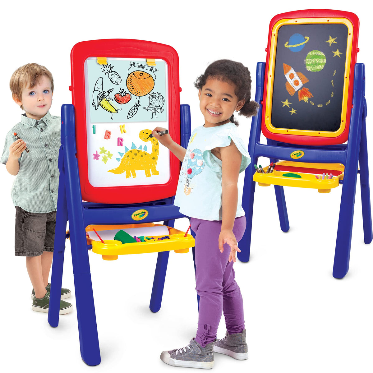 Crayola Qwikflip 360-rotating board offers flexible chalk and dry-erase art space