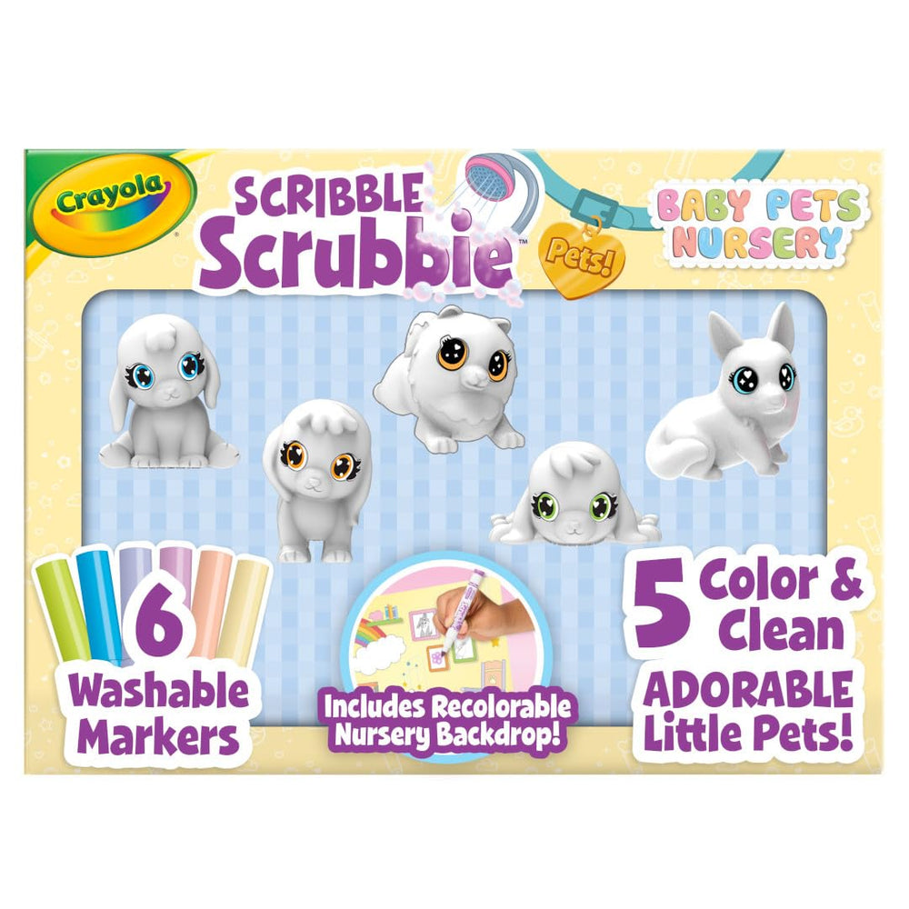 Crayola Scribble Scrubbie Baby Pets Nursery Playset shown with colorful pets and backdrop for imaginative play.