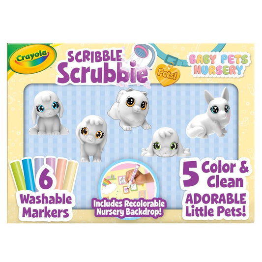 Crayola Scribble Scrubbie Baby Pets Nursery Playset shown with colorful pets and backdrop for imaginative play.