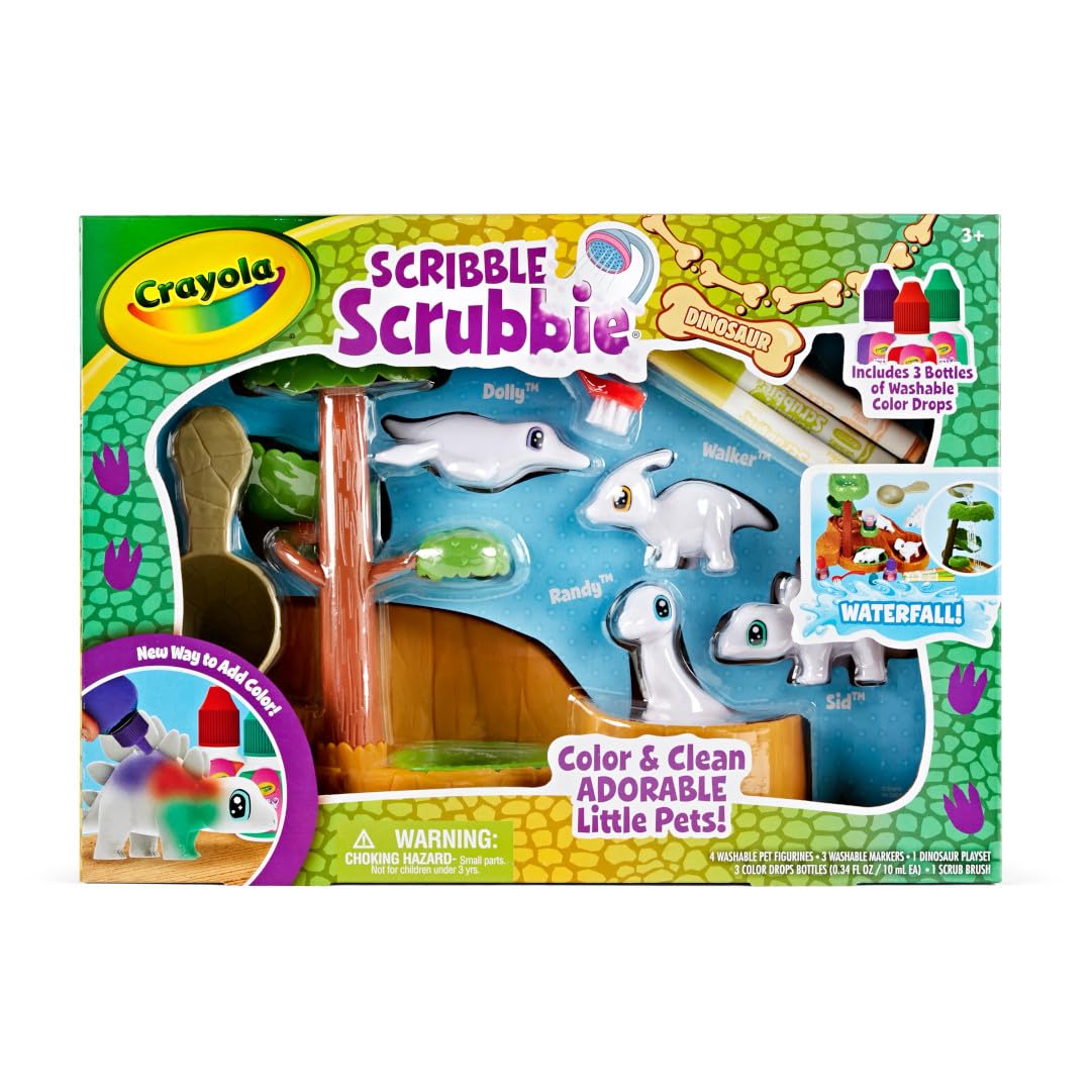 Crayola Scribble Scrubbie dinosaurs on waterslide environment for creative coloring and easy cleanup.