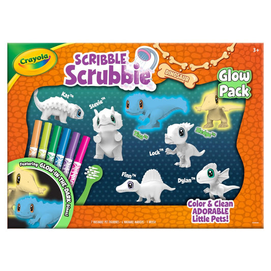 Crayola Scribble Scrubbie Glow Dinos glow in color after light exposure.