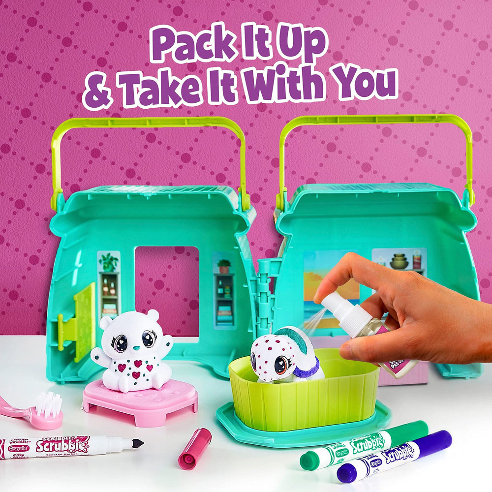 Crayola Scribble Scrubbie Pets foldable handles on case for portable setup.