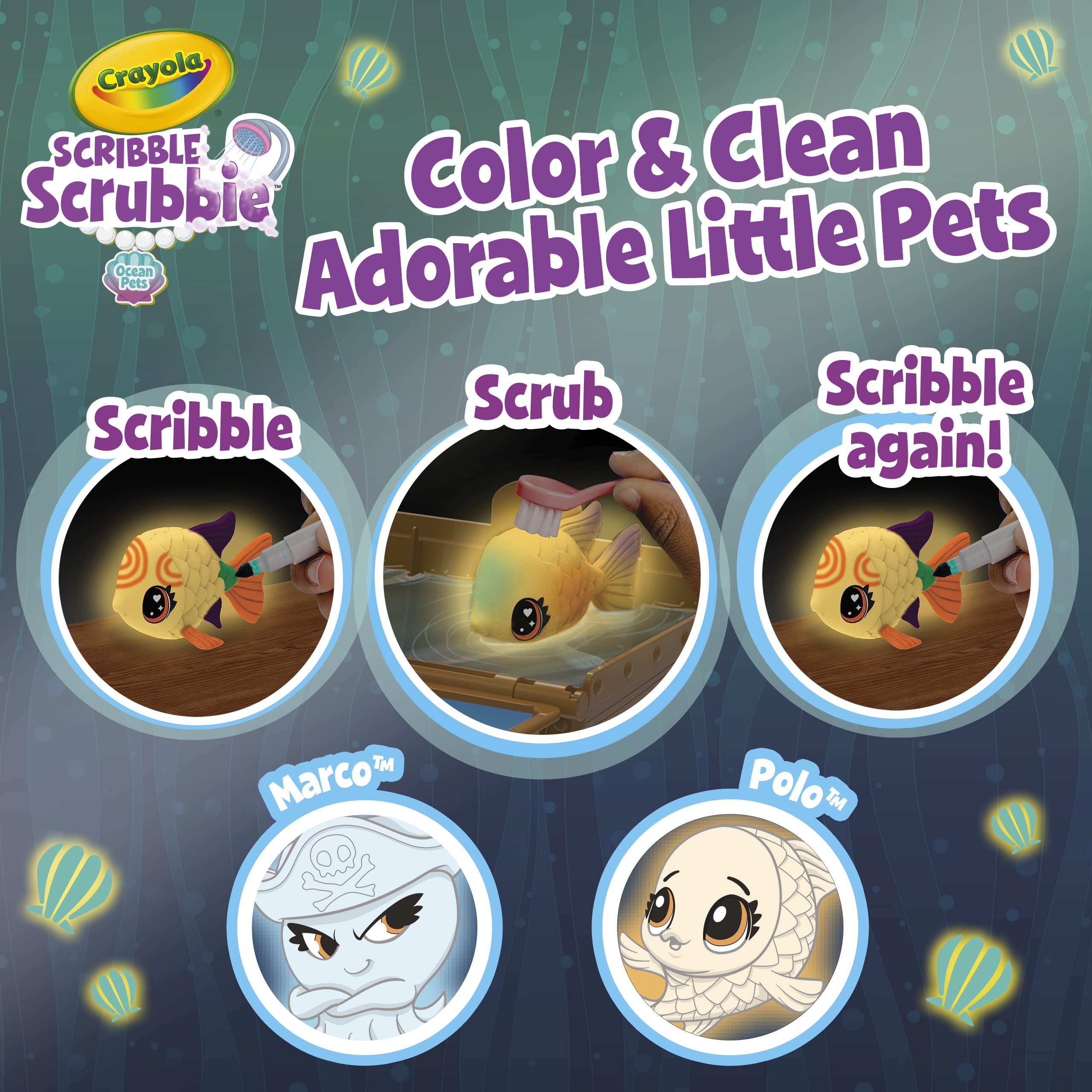 Crayola Scribble Scrubbie Glow Ocean Pine Cone Fish Polo glows brightly and is easy to color
