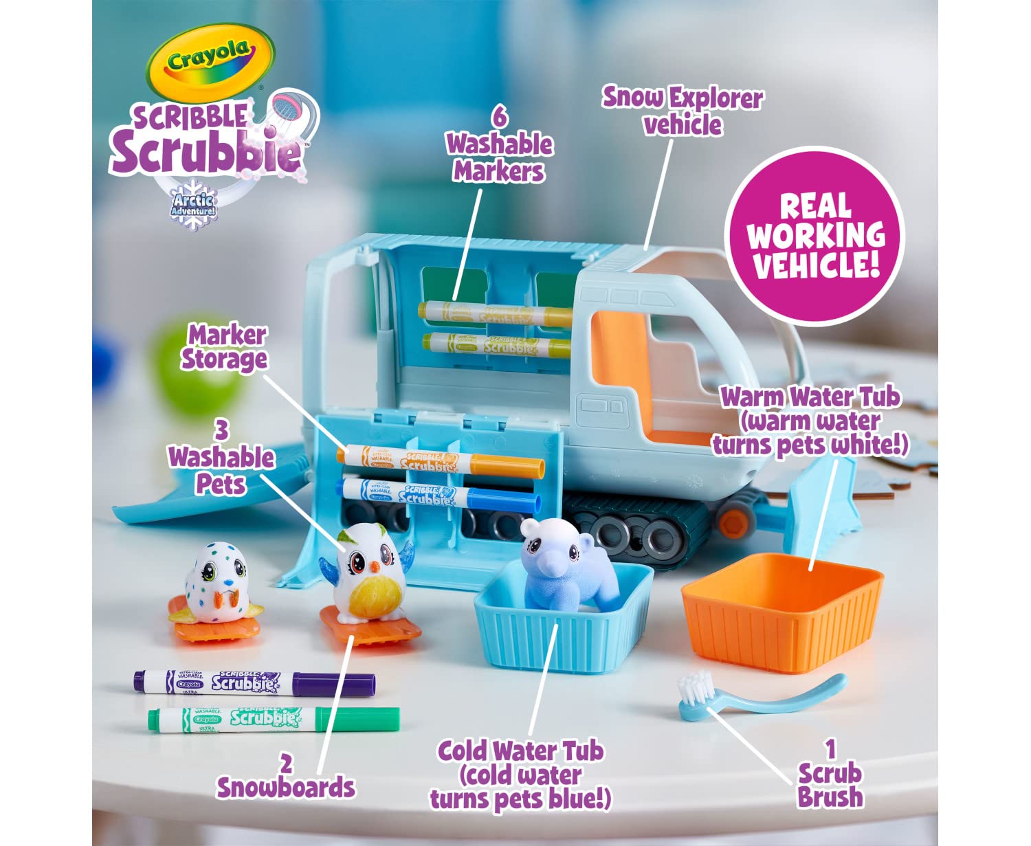 Crayola Scribble Scrubbie Pets storage vehicle keeps accessories organized.