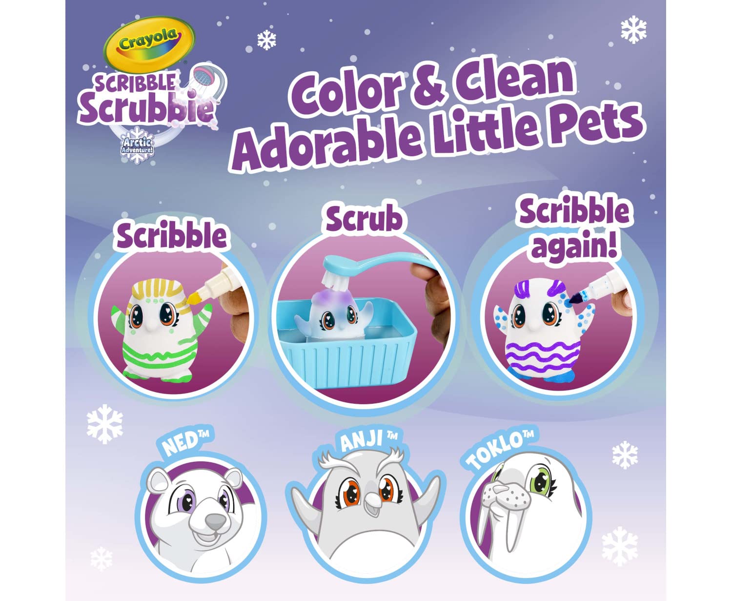 Crayola Scribble Scrubbie Pets tubs for easy washing and reuse.