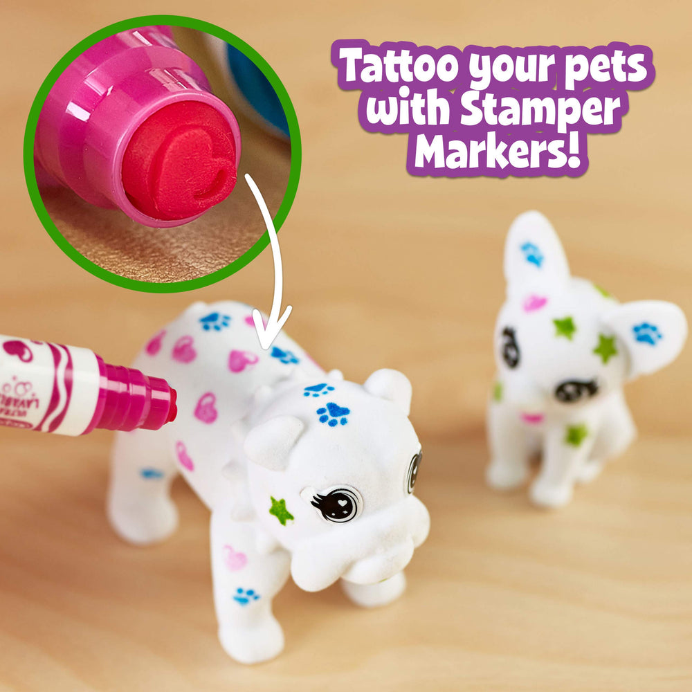 Crayola Scribble Scrubbie Tattoo Shop Chihuahua toy with markers for vibrant patterns.