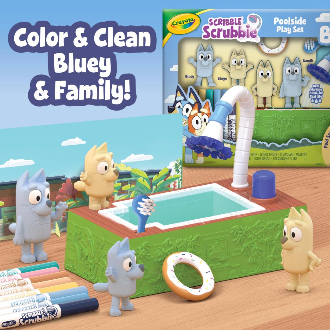 Crayola Scribble Scrubbies Bluey Poolside Playset Bluey family figures invite character-based playtime