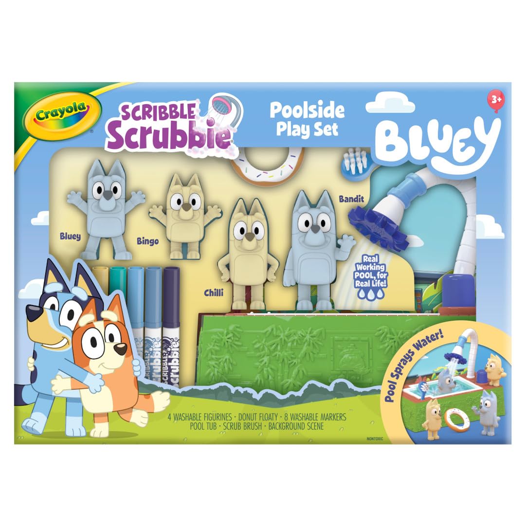 Crayola Scribble Scrubbies Bluey Poolside Playset pool and pump enable poolside pretend play
