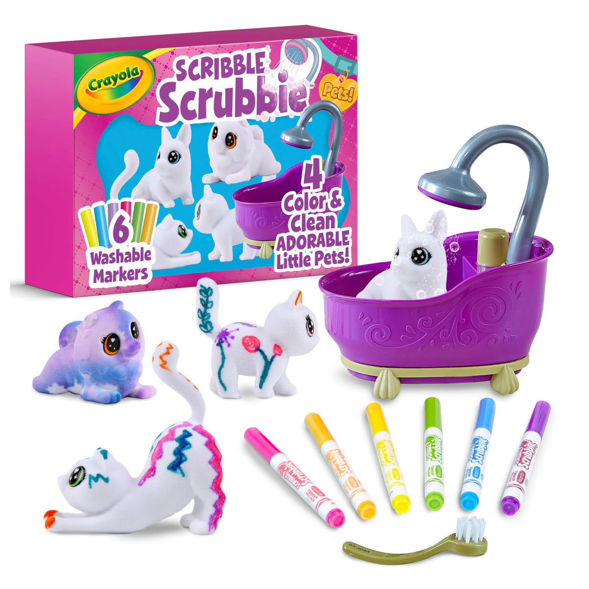 Crayola Scribble Scrubbies Glam Pack features four pets for creative coloring and washable play.